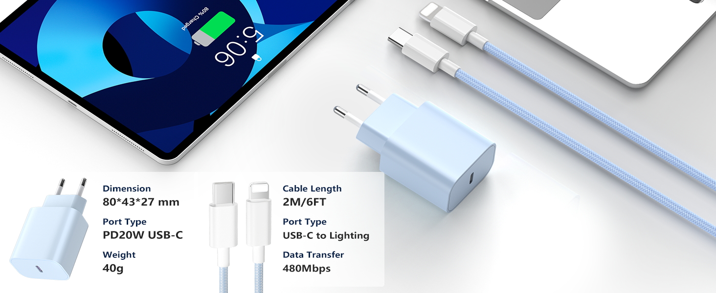 Зарядний пристрій 20W USB-C з кабелем Lightning для iPhone 14/13/12/11/X/SE (2 шт) - Синій