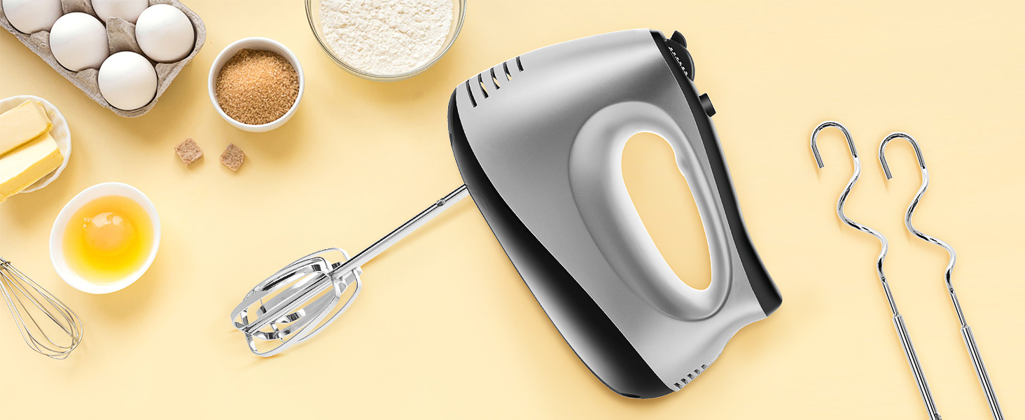 Електричний міксер 500W з набором аксесуарів для випічки (2 міксери, 2 гаки, 2 вінчики, збивач яєць, шпатель, підставка)