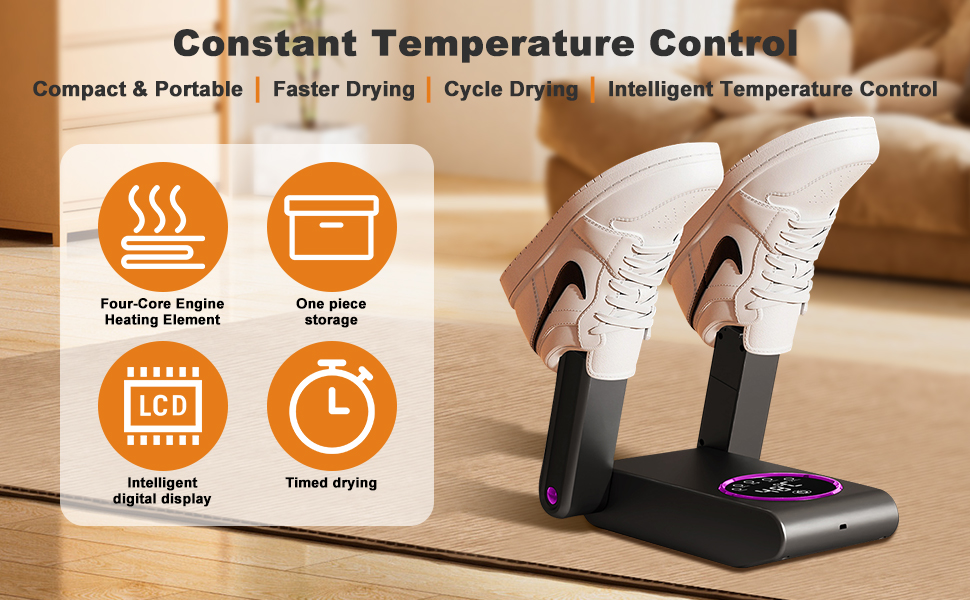 Сушарка для чобіт та рукавичок 2-в-1, німецька технологія гарячого повітря | Регульований на 180° стрижень та гнучкі насадки | Таймер та енергозберігаючий режим | Для робочих чобіт, спортивного та гірськолижного взуття (Чорний)