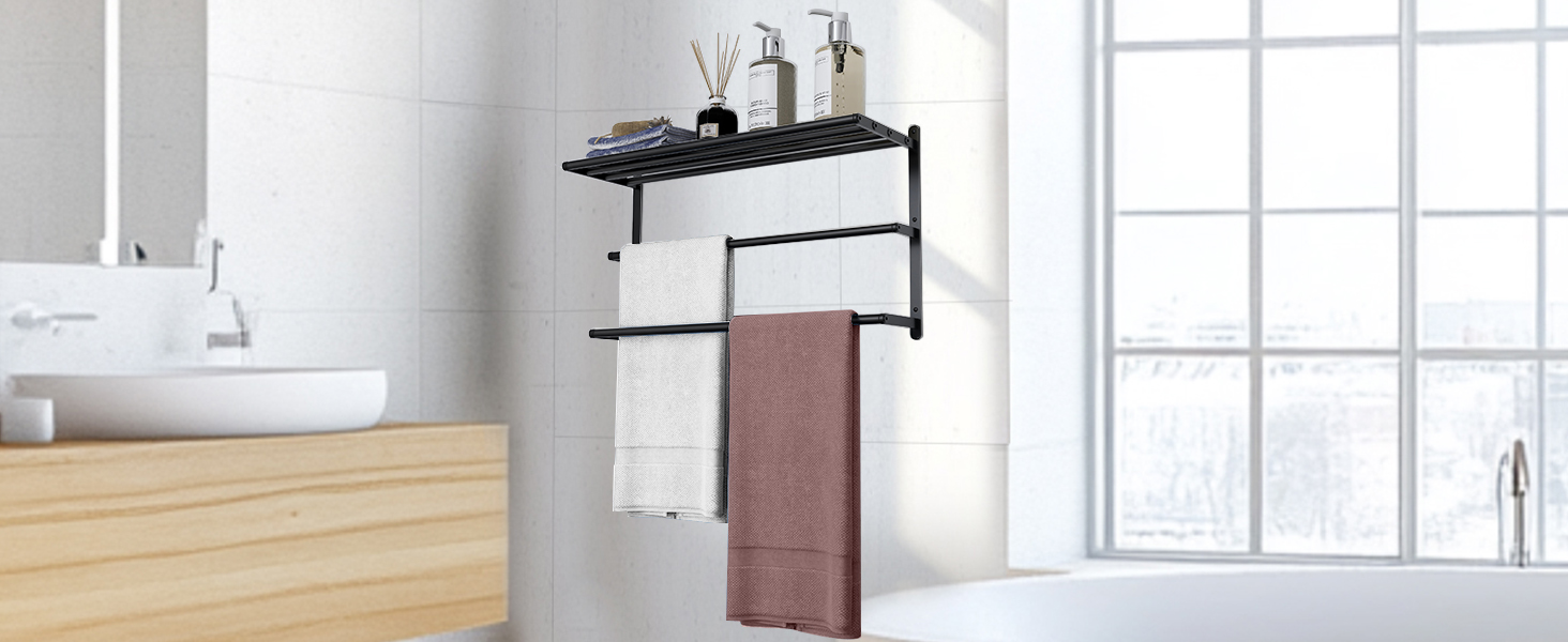 Тримач для рушників у ванну кімнату – 61 см, полиця для рушників з подвійною перекладиною, нікельована сталь, кріплення на стіну, 2-ярусний, для ванної кімнати та туалету