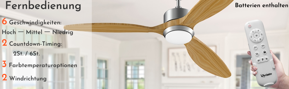 Deckenventilлятор Ovlaim 132 см з освітленням та пультом керування, тихий DC мотор, 3 лопаті, для дому, вітальні, спальні, Burlywood/Silver