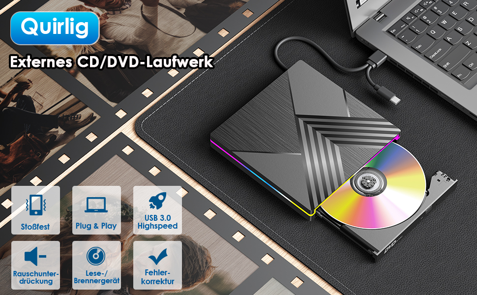 Зовнішній DVD-привід з RGB-підсвіткою, USB 3.0 та Type-C, CD/DVD+/-RW записувач та плеєр для PC, Laptop, MacBook (Windows, macOS, Linux)