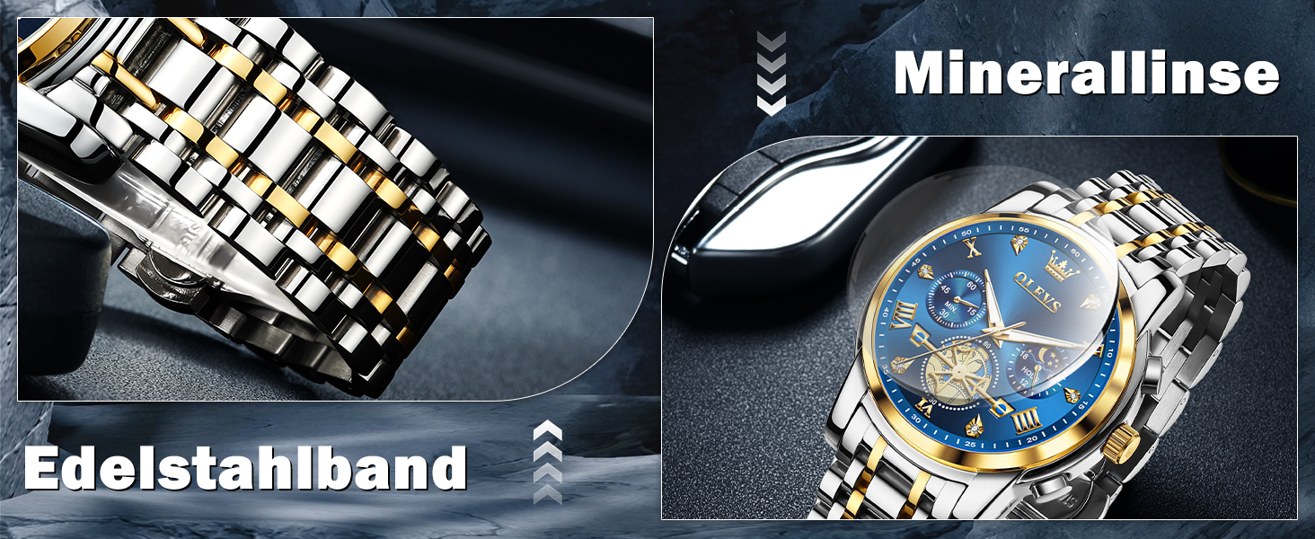 Чоловічий годинник-хронограф OLEVS: водонепроникний кварцовий годинник зі сталевим ремінцем (золото-срібло) та синім циферблатом, бізнес-стиль