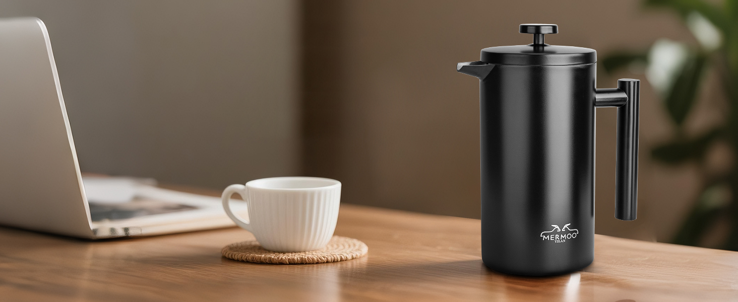 Френч-прес MERMOO YILAN 1L з нержавіючої сталі: термоізольований кавовар для кемпінгу, з подвійними стінками, 1000 мл (чорний)
