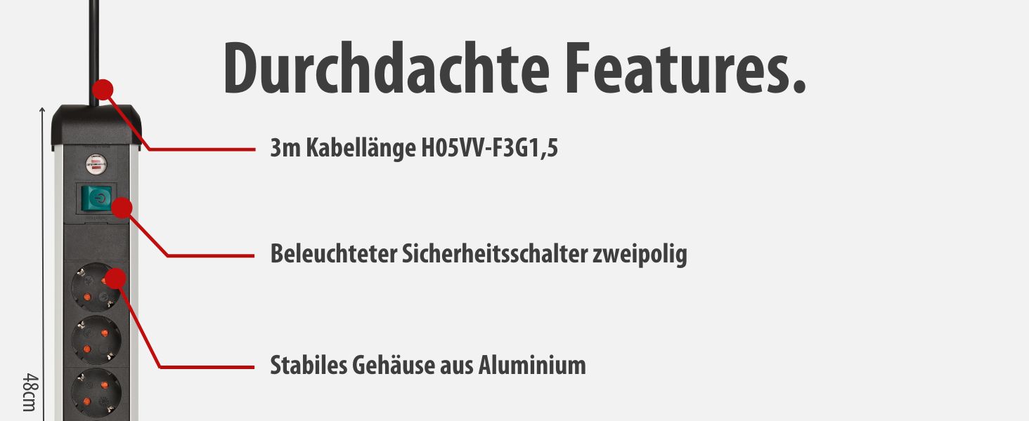 Мережевий фільтр Brennenstuhl Premium-Alu-Line на 6 розеток з USB (3.1A), 3м, алюмінієвий корпус, з вимикачем, Made in Germany