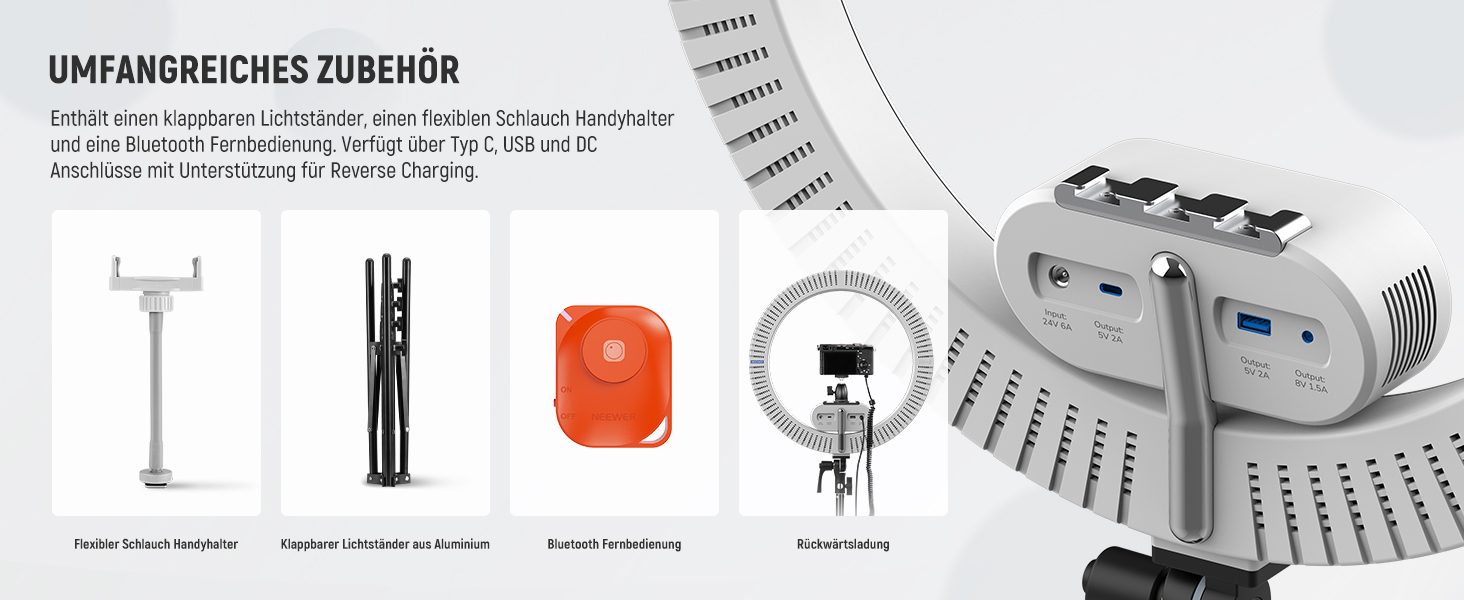 NEEWER Комплект кільцевого світла для фото та відео: 48 см, 52 Вт, регульоване LED, штатив, Bluetooth, для смартфона, YouTube, селфі (RH100B)