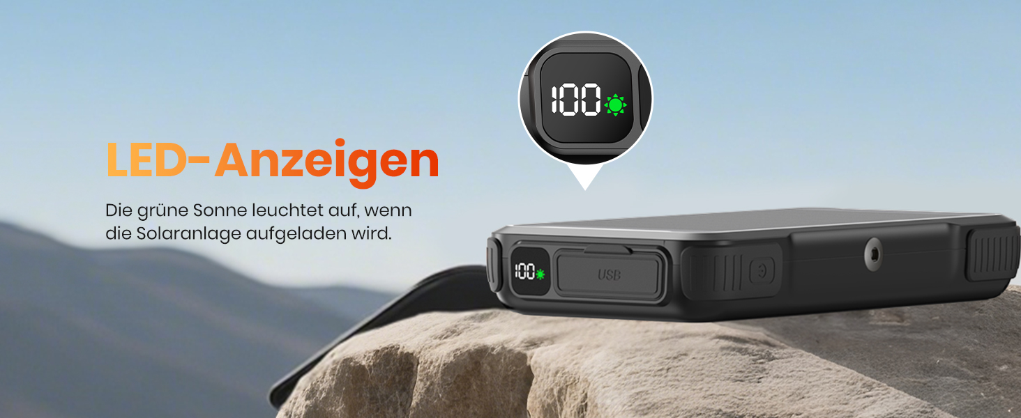 Power Bank Bilivein 25000mAh з сонячною зарядкою, 3 кабелі, 20W, LED, USB-C, для активного відпочинку