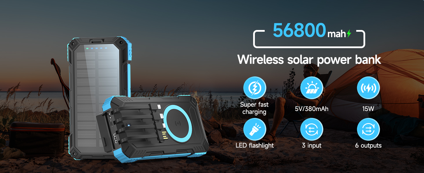 Портативний зарядний пристрій Solar Powerbank 56800mAh з бездротовою зарядкою, 30W PD, 6 виходів, ліхтарик, для кемпінгу та подорожей (Синій)