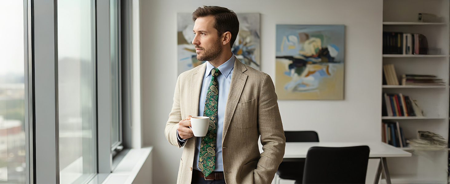 HISDERN Комплект краватки та нагрудного хустинки з квітковим візерунком паваролочка, зелений