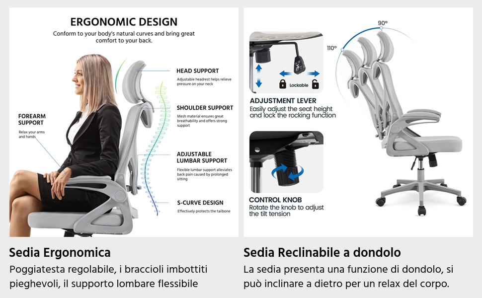 Ергономічне крісло Yaheetech для офісу з підйомними підлокітниками, регульованою підголівником та функцією гойдання, до 136 кг, сіре
