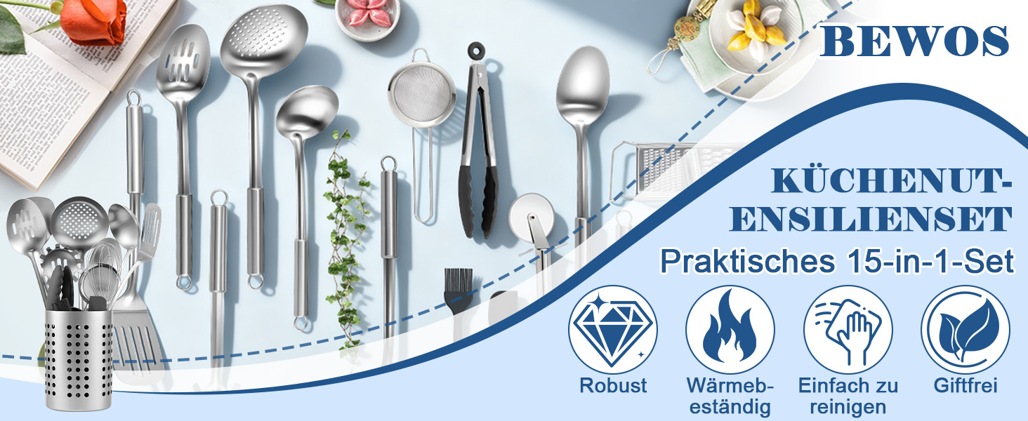 Набір кухонних аксесуарів BEWOS 15 предметів: ложки, шпателі, органайзер, нержавіюча сталь, для кухні
