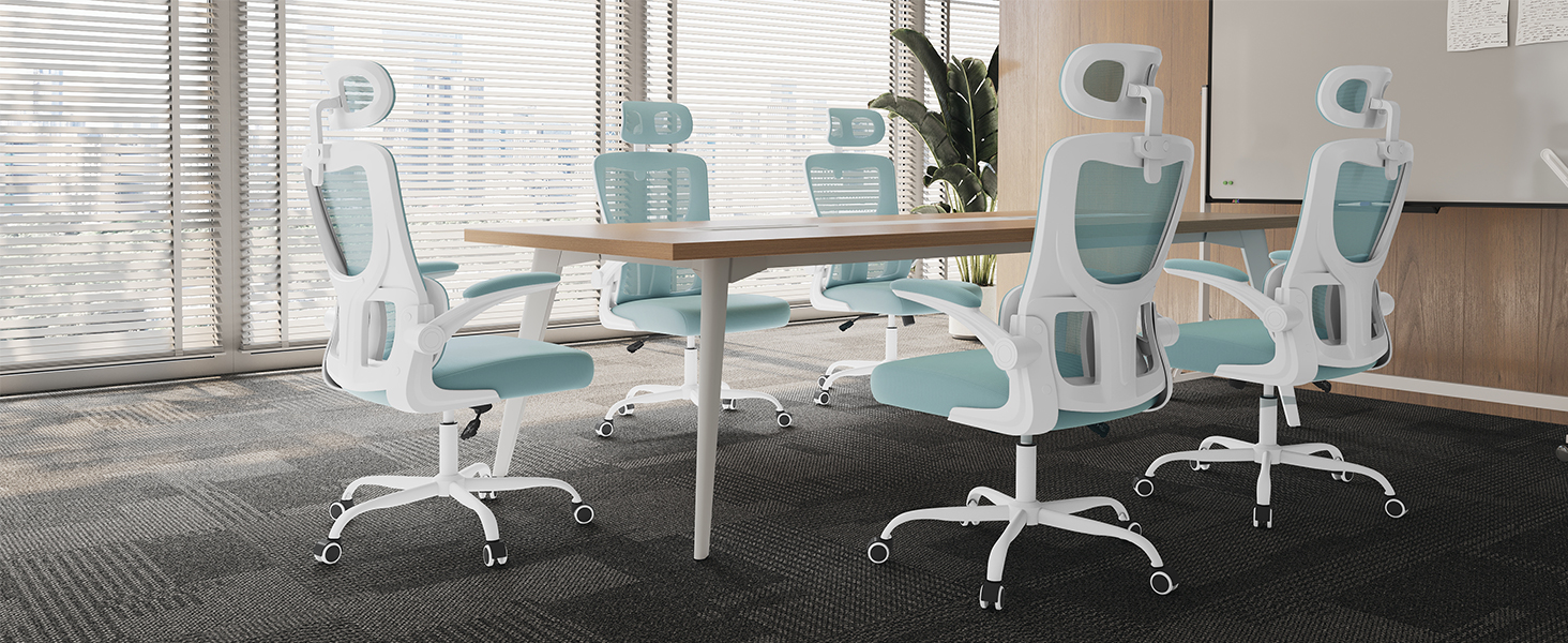 Крісло офісне WOLTU ергономічне, крісло для робочого столу з функцією гойдання, регульована підголовник, поворотні підлокітники, підтримка попереку, офісне крісло, витримує 150 кг (Блакитний)