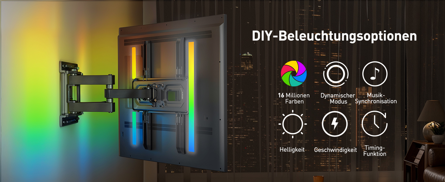 Кріплення для телевізора Perlegear з підсвічуванням LED, для телевізорів 26-65 дюймів, до 45 кг, VESA 400x400mm, поворотне, розсувне, нахильне PGMF20