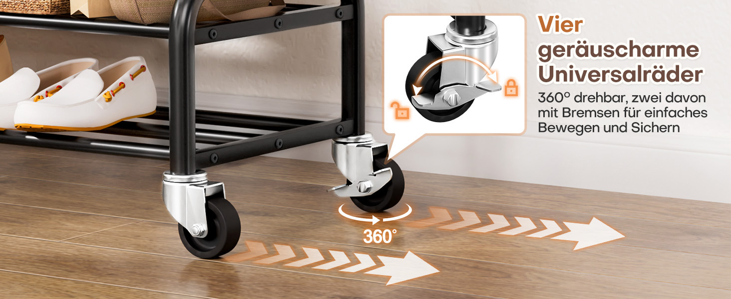 Стійка для одягу Yorbay на колесах: металева, 2 перекладини, 4 гачки, 2 полиці для зберігання, до 120 кг, 112 см (ширина)