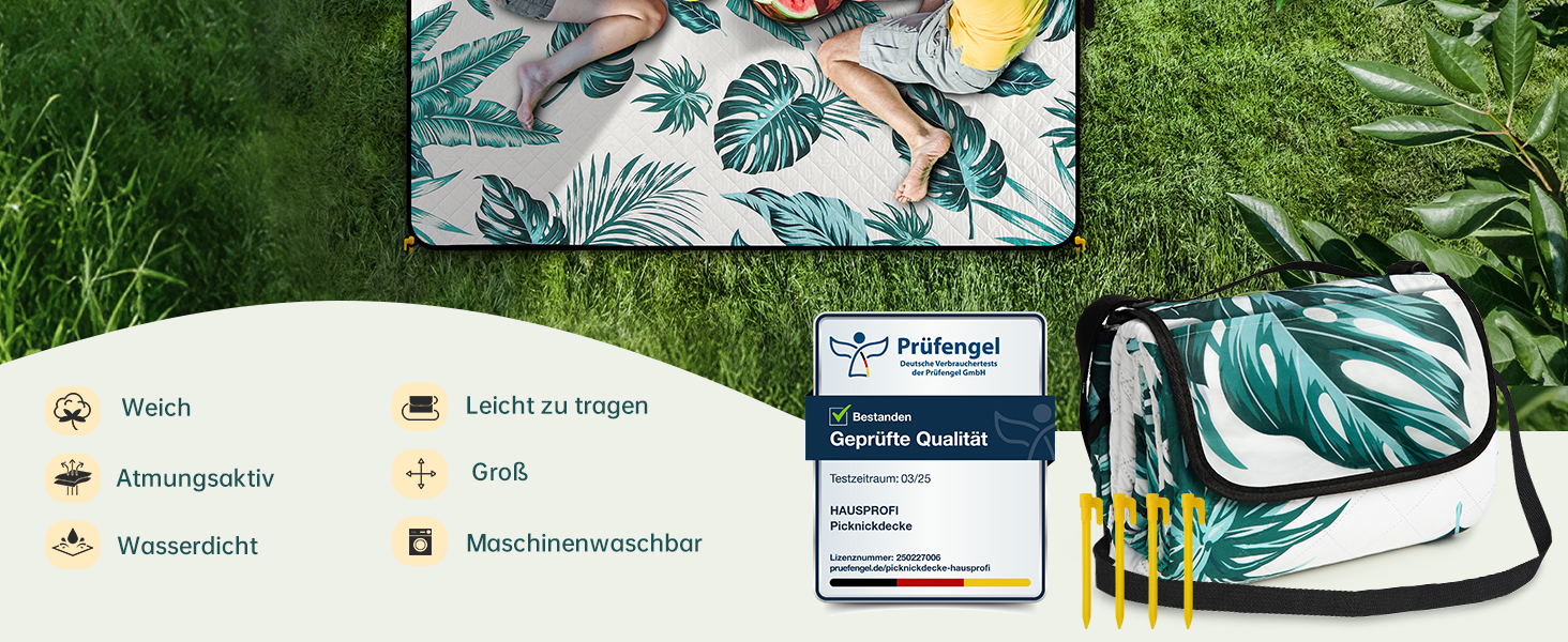 Плед для пікніка HAUSPROFI 200x300 см, водонепроникний, ізольований, XXL. Для пікніка, пляжу, кемпінгу. Бавовняна підкладка, ручка для перенесення, кілочки. Зручний, миючий, тримає форму. Зелений рослинний принт.