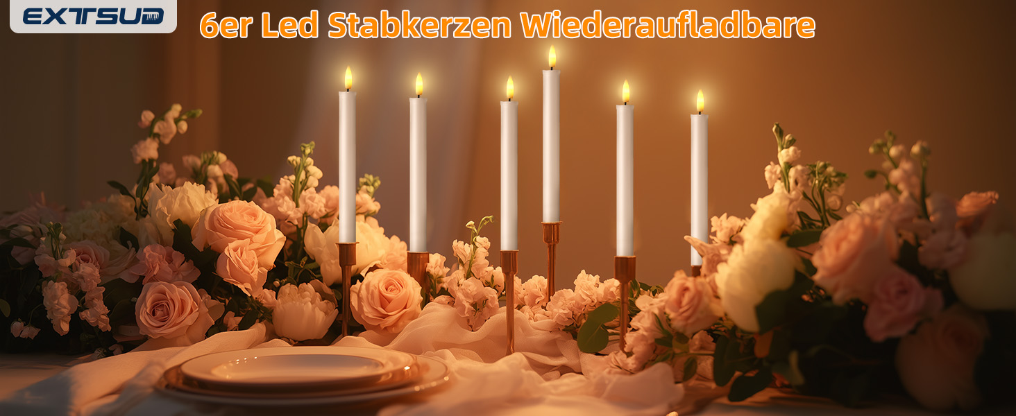 EXTSUD 6er LED Pillar Candles Rechargeable LED Pillar Candles with Timer and Remote Control Soft Silicone Wax Core, Unique Tear-Drop Design LED Candles for Living Room, Wedding, Dining Table, and Garden Party