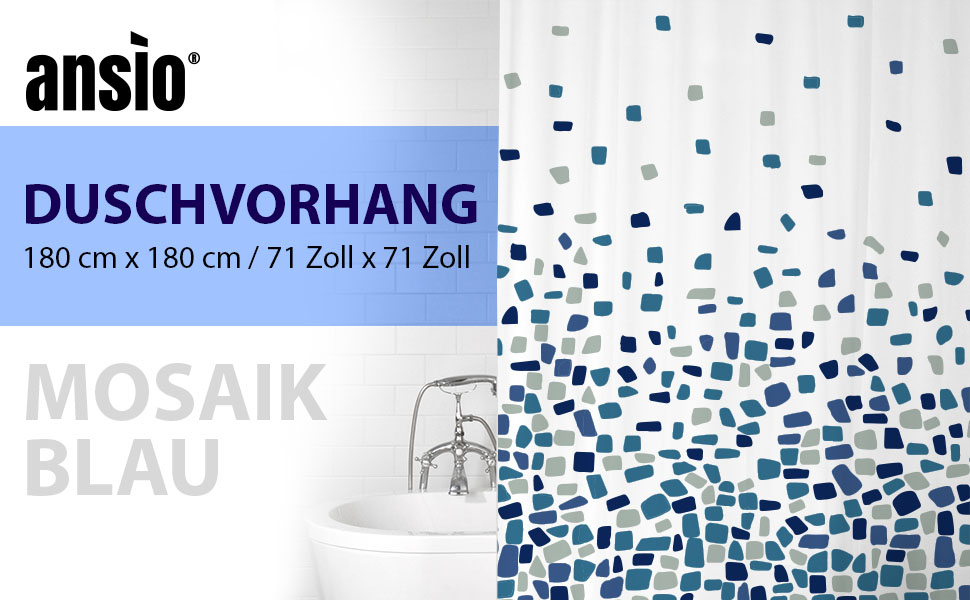 Завіса для душу ANSIO, антигрибкова, 180x180 см, 100% поліестер, мозаїчний візерунок, блакитний, 1 шт.
