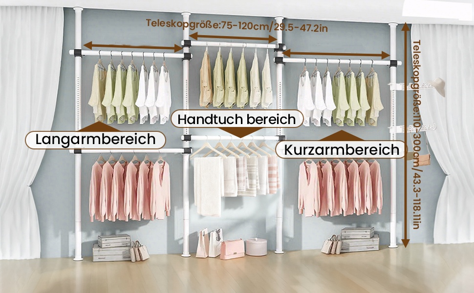 Телескопічна система для гардеробу, штанга для одягу зі 6 штангами, телескопічна шафа для одягу з 2 гачками, регульована полиця 110-300 см, для дому та магазину одягу, білий
