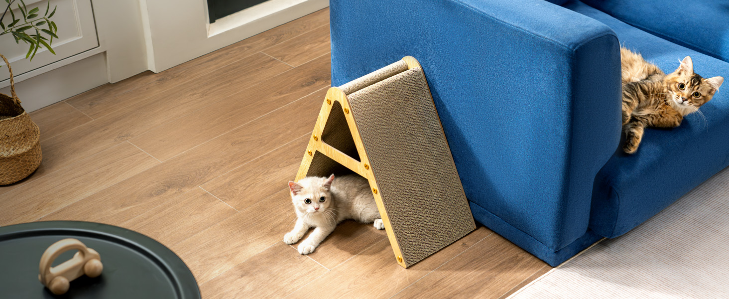 Кігтеточка для котів з коробкою та 4 змінними шарами з картону - велика кігтеточка з міцного гофрокартону, двосторонні шари з картону з наклейками - місце для відпочинку котів у квартирі, захист меблів. Велика коробка для котів + 4 кігтеточки + наклейки (Велика, A-Frame)