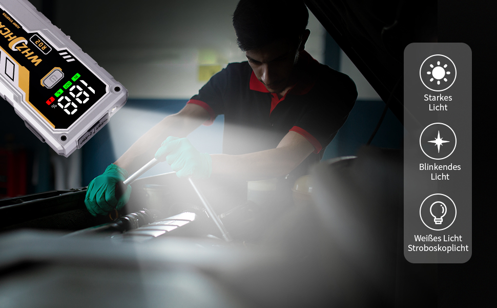 Powerbank Starthilfe 5000A з LCD екраном для автомобіля 12V. Зарядний пристрій для акумулятора авто з LED ліхтариком, підходить для 10л бензину або 9л дизеля. Срібний колір.