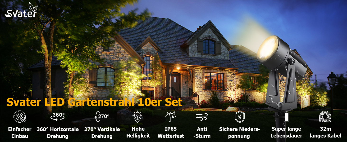 LED Garden Lighting Set with Power, 14M/4-Piece Spotlights Outdoor Warm White 3000K, Waterproof IP65 Garden Spotlights LED Outdoor, 27V 600lm Garden Lamps for Outdoors, Terrace, Driveway (10-in-1)
