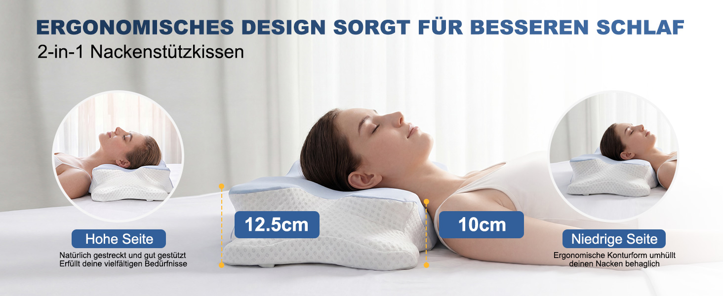 Ергономічна подушка для шиї та голови VYLEE з ефектом пам'яті (Memory Foam), подушка-метелик з двома рівнями висоти (10,5/12,5 см) для сну на боці, спині та животі, синя