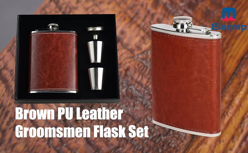 Фляга шкіряна 8oz Braun для чоловіків та жінок, комплект з воронкою та 2 склянками, шкіряний чохол, для віскі/водки, ідеально для подорожей та подарунків