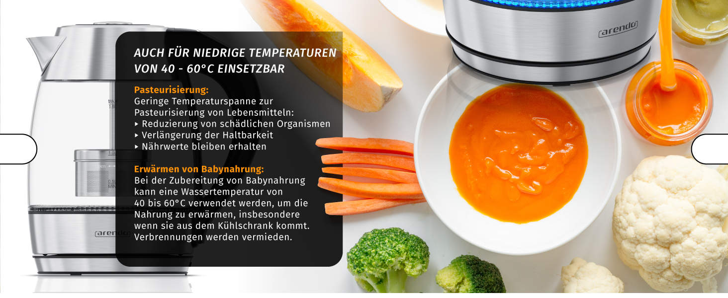 Електричний чайник Arendo зі скляною колбою, регулюванням температури, нержавіючою сталлю, LED-підсвічуванням, 2200 Вт, 1.8 л, 2 кришки (з та без сита для чаю), фільтр від накипу, функція підтримки тепла