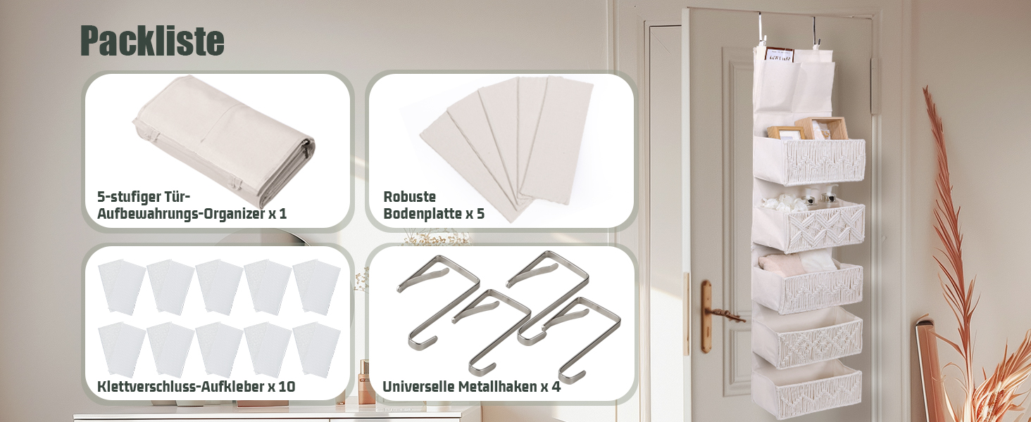 Організатор для дверей з 4 кишенями, Бохо декор, Настінна полиця-організатор з 2 гачками, Складаний настінний органайзер для спальні, дитячої кімнати, ванної (5 кишень-слонова кістка)