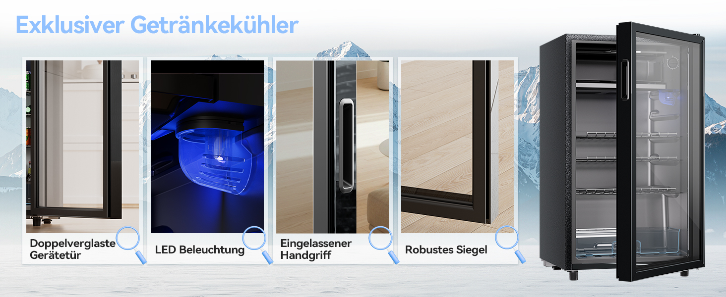 Холодильник для напоїв на 85 літрів з скляними дверцятами та блакитним LED-підсвічуванням, 3 регульовані полиці для соди/пива/вина, ідеальний для дому та вечірок