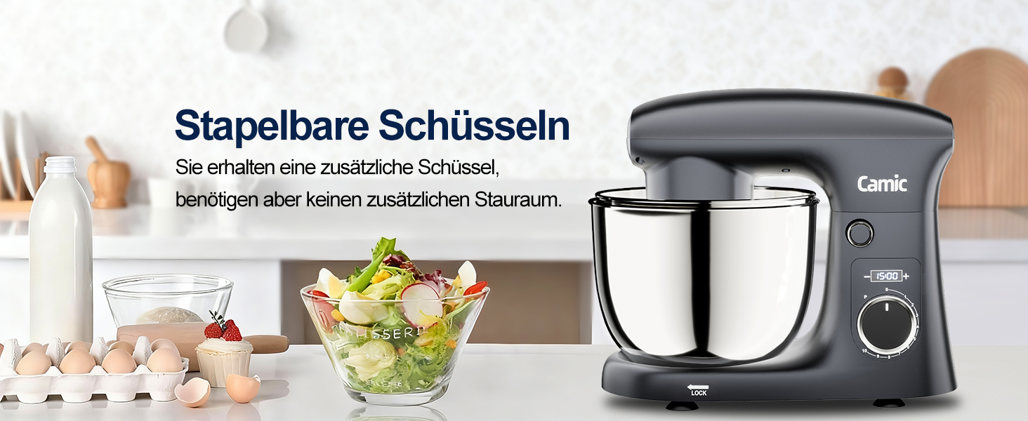 Кухонна машина Camic з LED-дисплеєм, 10 швидкостей, 3 насадками (діядовий, міксер, вінчик) та 2 чашами з нержавіючої сталі 4Л та 5Л для тіста, хліба та тортів, сіра
