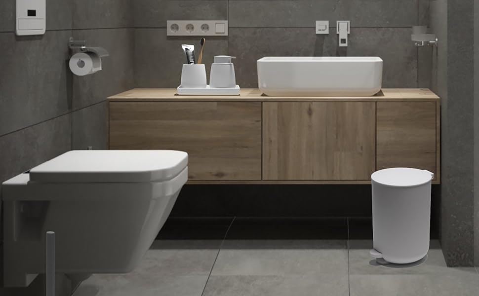 Набір для ванної кімнати AJEUNGAIN Grey, сучасний, 5 предметів: відро для сміття, тримач для туалетного йоржика, дозатор мила, стакан для зубної щітки та піднос