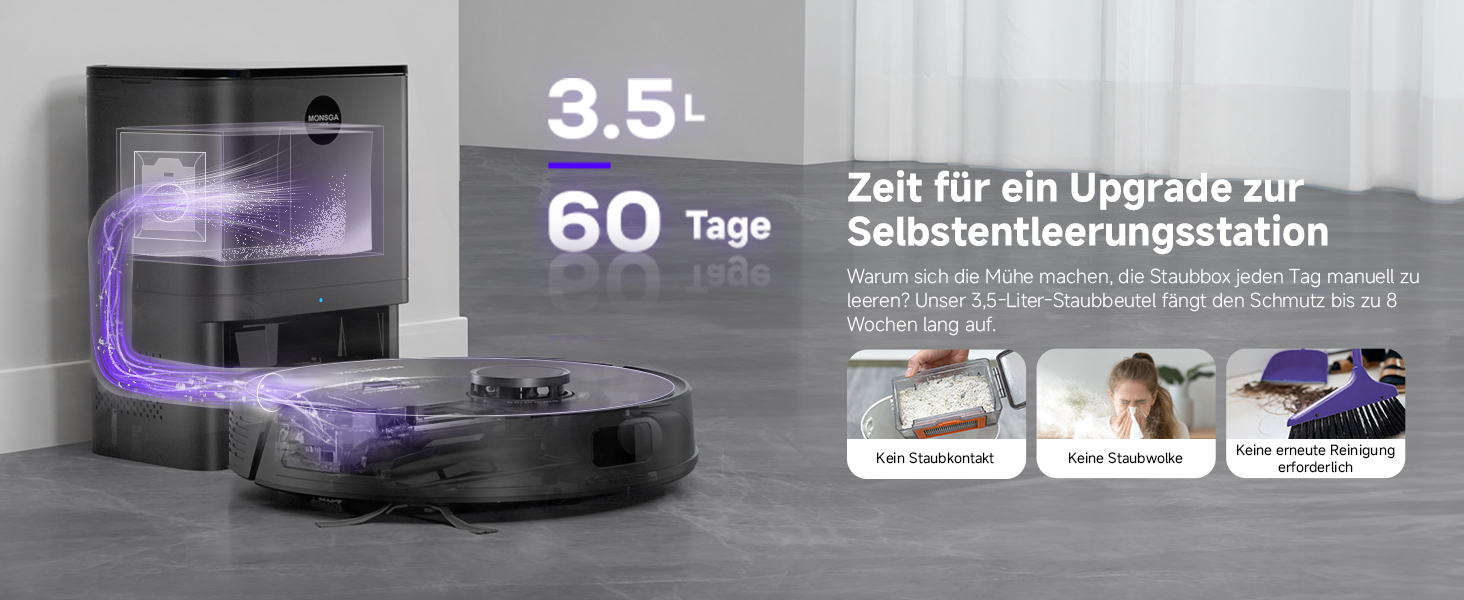 Робот-пилосос MONSGA з функцією миття, 3.5л, потужність 5000Pa, час роботи 180хв, LiDAR навігація, керування через додаток, чорний