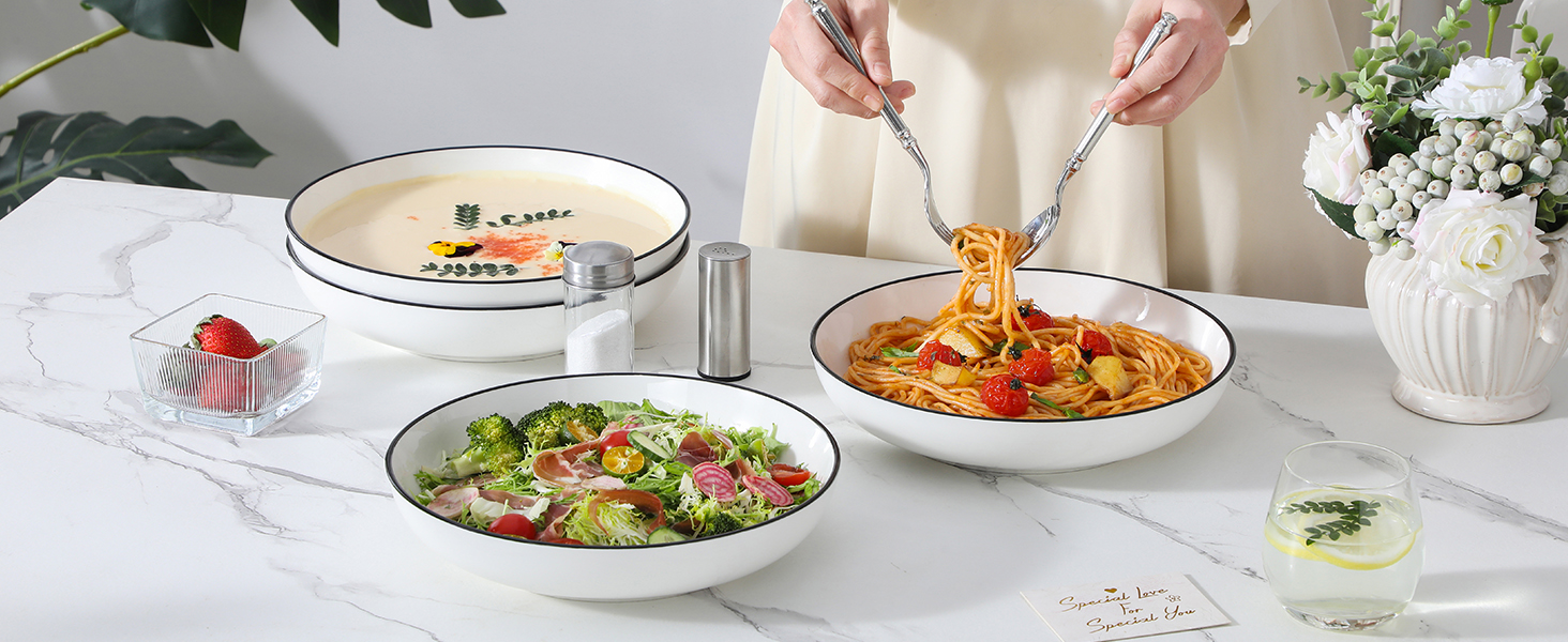 MALACASA Набір посуду 6 шт. з порцеляни: тарілки для пасти, супу, салату, сервірування. Білий з чорним обідком, 1250 мл