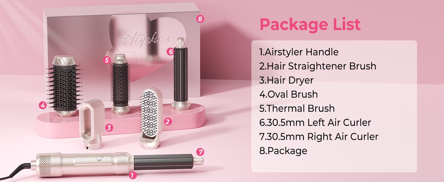 Набір для укладки волосся Atopskins 6 в 1: фен-щітка, плойка, круглі щітки, 1000W, рожевий (крем-золотий)