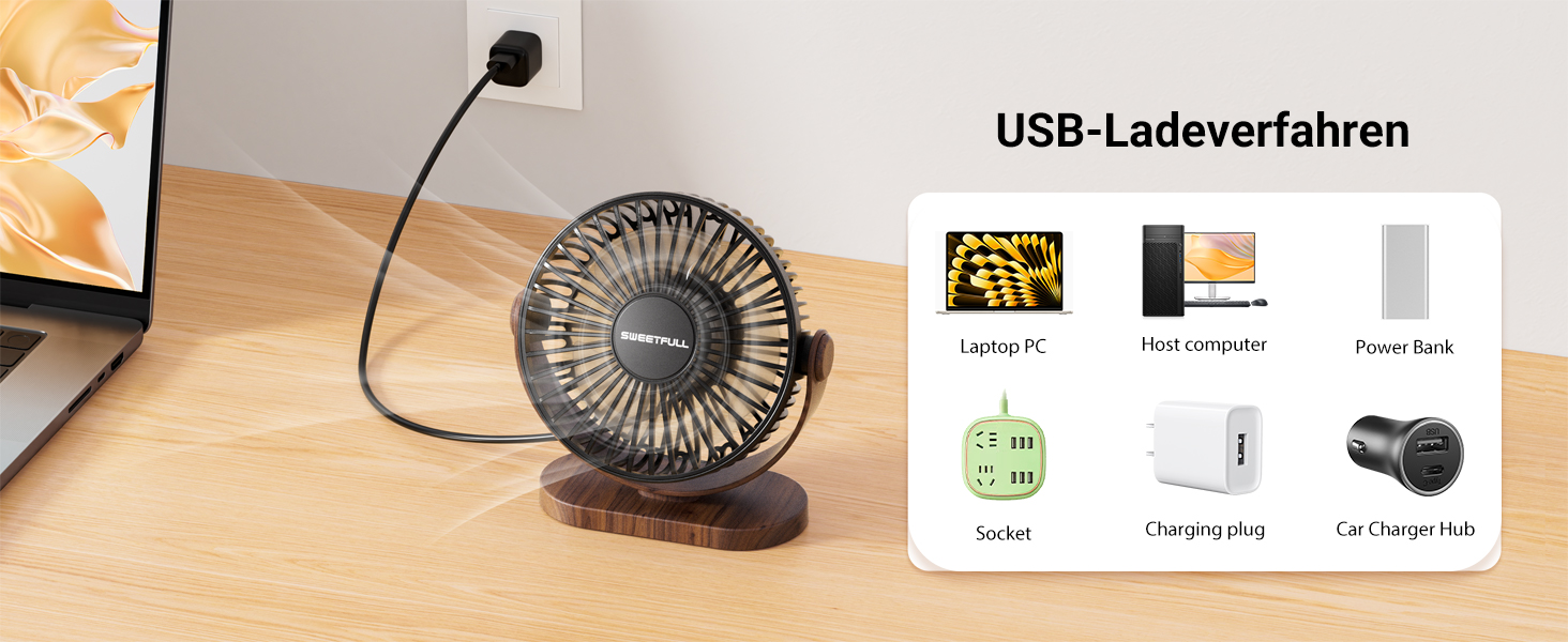 USB вентилятор SWEETFULL, мінівентилятор настільний безшумний, 3 швидкості, компактний охолоджувач для офісу, дому та подорожей, чорний