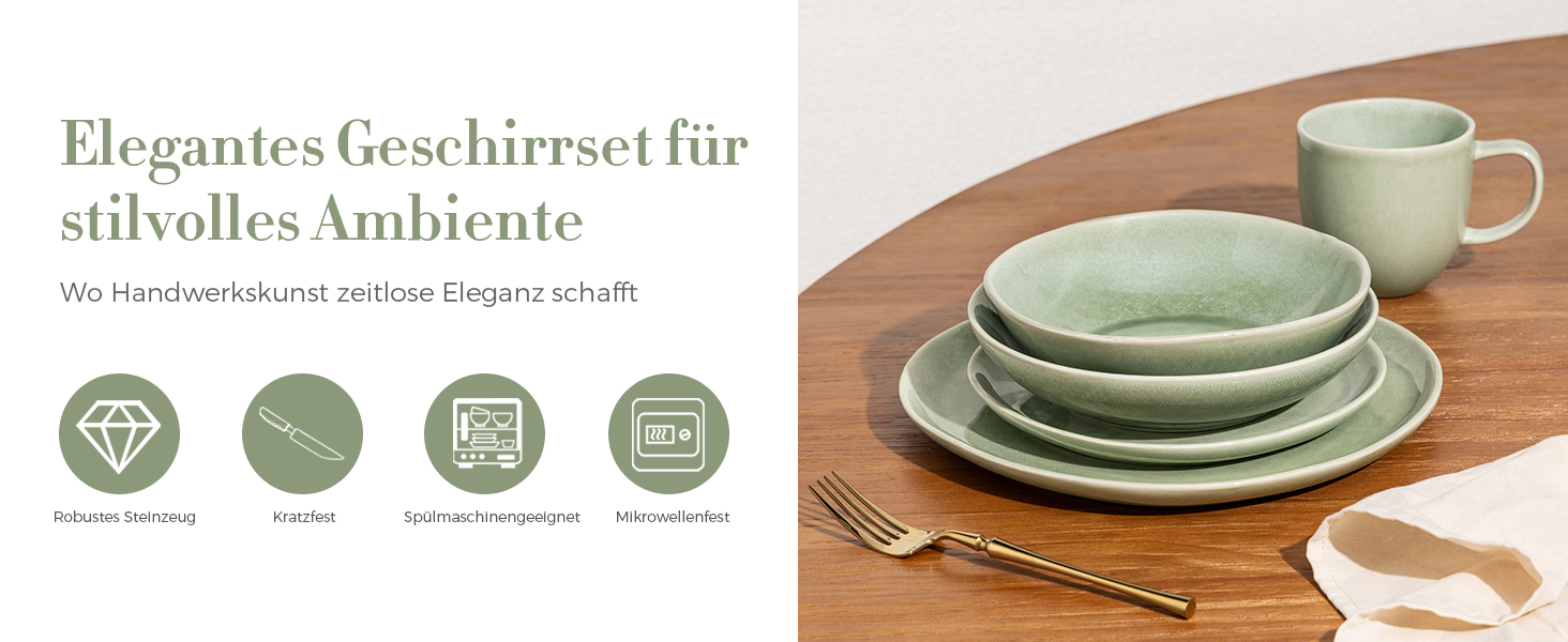 Набір глибоких тарілок GBhome з каменю 22см (24 шт.) - для супу, пасти, 6 персон, стійкі до подряпин, сумісні з мийкою та мікрохвильовкою, колір: спокійний зелений