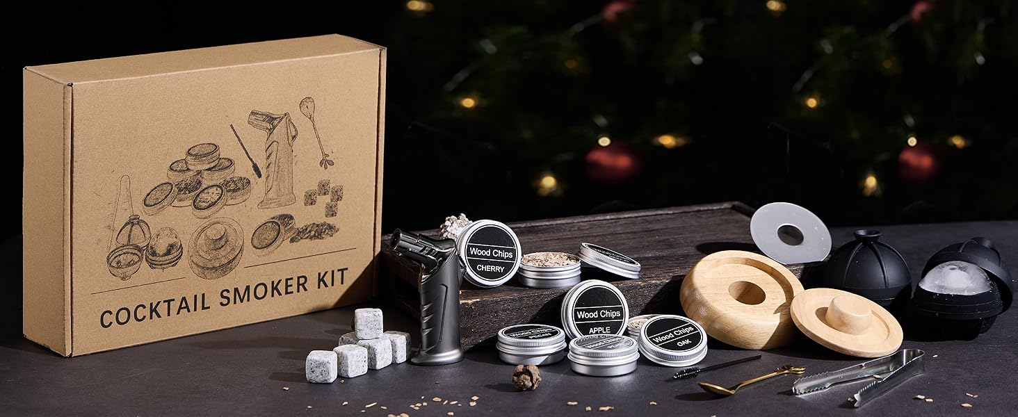Набір для димування коктейлів та віскі – 6 видів деревини, ліхтарик, генератор диму (без бутану) – покращений нагрівач, 2 форми для льоду, 6 гранітних каменів