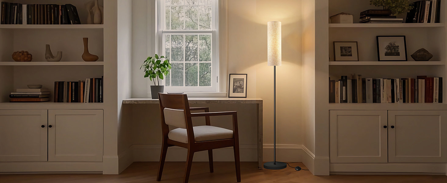 Стійка лампа для вітальні з 3 колірними температурами, 12W E27, бавовняний абажур, вимикач на нозі, LED диммер, підходить для спальні, читання, офісу (сучасний)