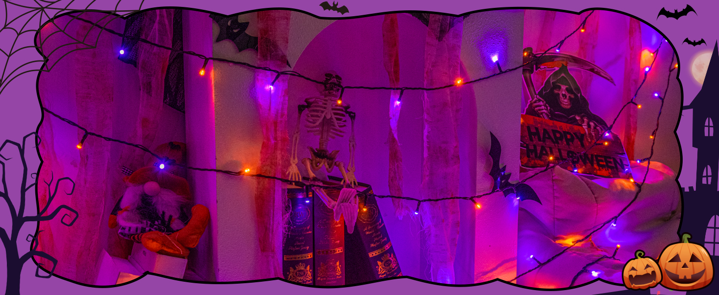 Гірлянда на Хелловін, 30м, 300 LED, оранжево-фіолетова, з функцією пам'яті та таймером, 8 режимів освітлення, вологостійка, для декорування інтер'єру та екстер'єру