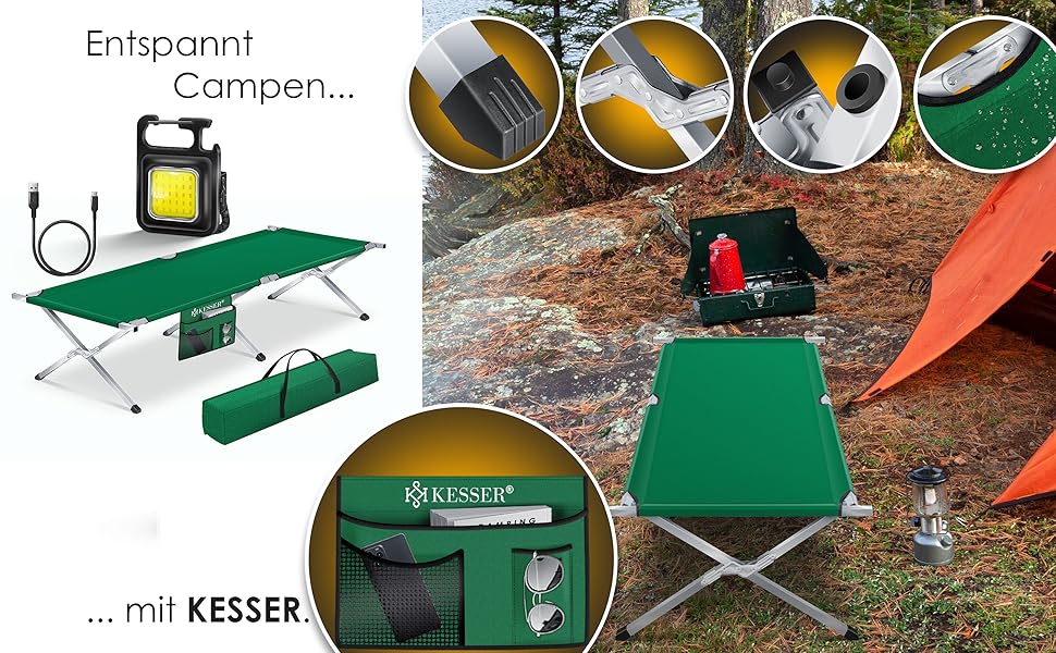 Кемпінг-ліжко KESSER® Klappbett з сумкою, ліхтарем та кишенею, 190 см, сталевий каркас, 600D Oxford, зручне для подорожей