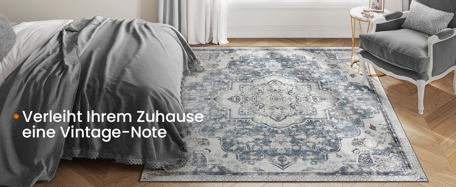 Килимок SONGMICS HOME Vintage, 120x170 см, для вітальні, спальні, кухні, передпокою, їдальні, антиковзаючий, миючий, сірий (TAR032G01)