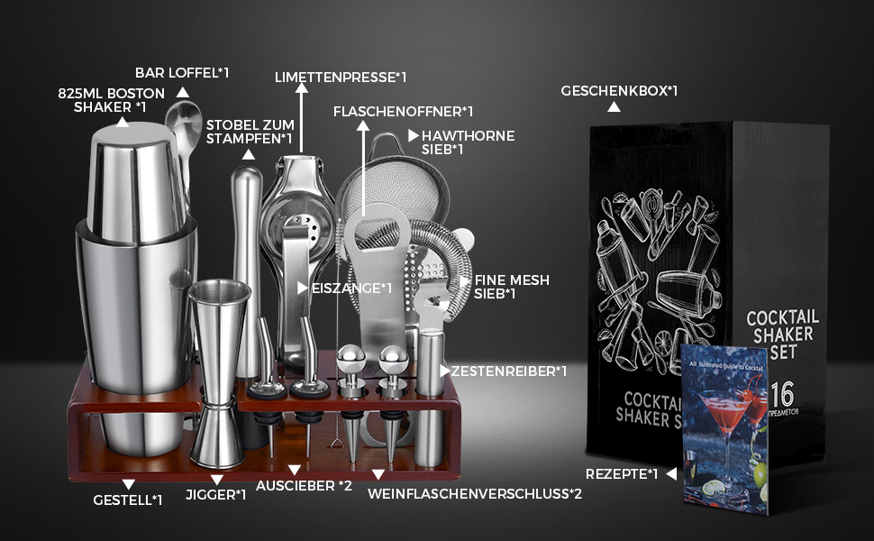 Набір для коктейлів Sosayet, нержавіюча сталь, з аксесуарами та рецептами, 750 мл, для початківців та професіоналів, подарунок для чоловіків (з підставкою)