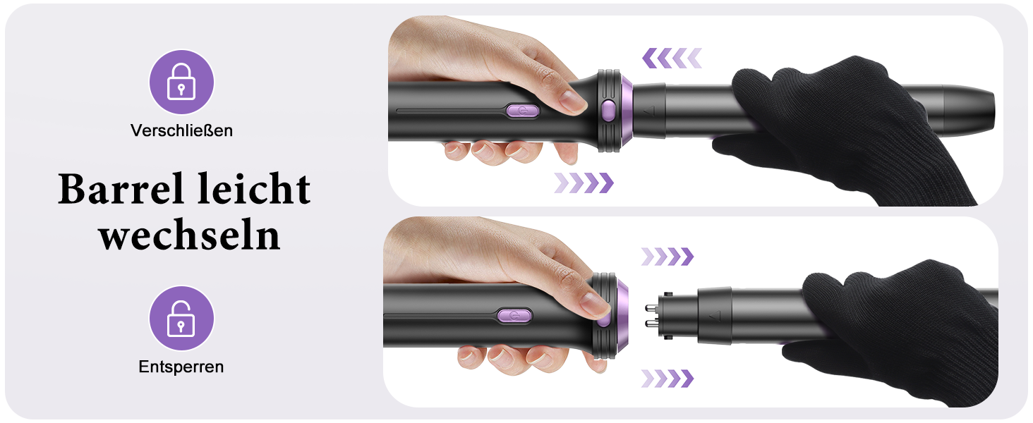 BESTOPE PRO Локкенстаб: Набір для створення локонів 5 в 1 з плойкою, термощіткою, 3 локкенстабами (9мм-25мм) для великих локонів, 13 температур, керлер для волосся з термозахисним покриттям, рукавичка, затискач, колір Nordlicht Lila