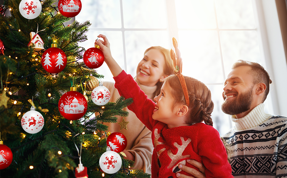 Шарм-кулі для ялинки з пластику, 16 шт. Червоні та білі прикраси для ялинки з стрічкою, декор до Різдва