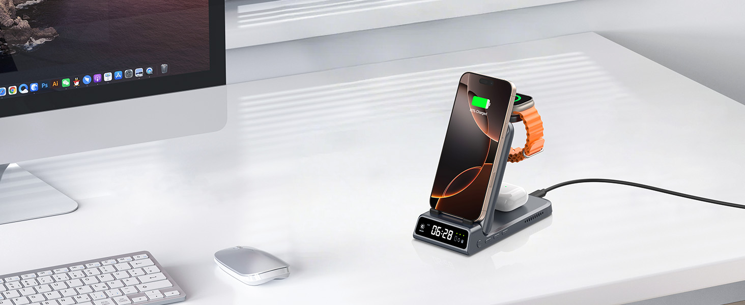 Бездротова зарядка 3-в-1 SwanScout 703A для iPhone 17/16/15/14/13/12, Apple Watch 11/10/9/8/7/Ultra та AirPods Pro 3 (Tech Grey)