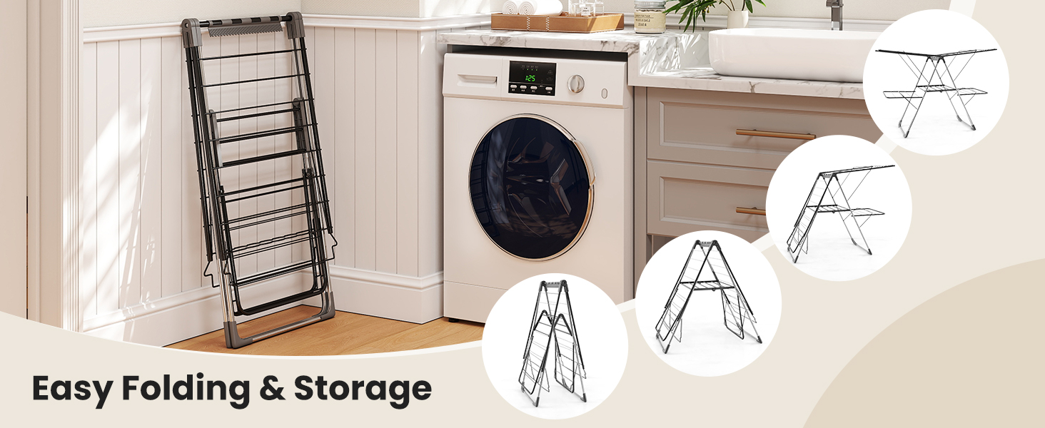 Стійка для сушіння білизни HOMASIS, розкладна, з 2 крилами, регульована, 6 рівнів, з вішалкою та прищіпками, для балкону (біла)