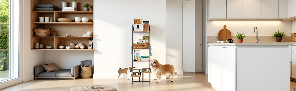 Підвищена годівниця для собак з місцем для зберігання та двома антиковзними килимками, для великих собак, регульована висота, настінний монтаж, колір вінтажний коричневий