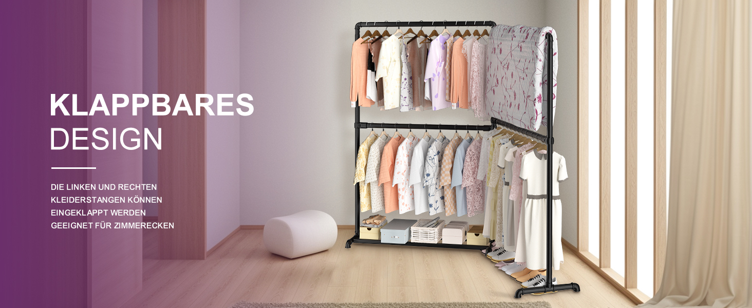 Міцна вішалка для одягу LOEFME з обертовими бічними панелями, металева стійка для одягу з полицею для зберігання, чорного кольору, 150 кг вантажопідйомність