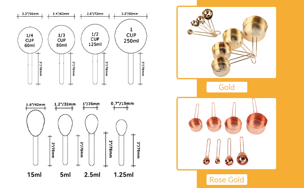 Мірний набір кухонних ложок та мірних стаканів з нержавіючої сталі, 4 шт. для сухих та рідких інгредієнтів, для випічки та приготування їжі
